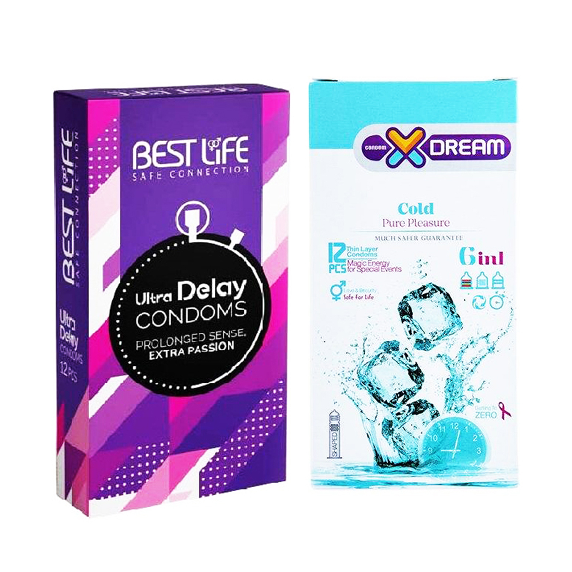 کاندوم بست لایف مدل Ultra Delay بسته 12 عددی به همراه کاندوم ایکس دریم مدل Cold بسته 12 عددی