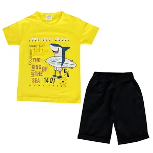 ست تی شرت و شلوارک پسرانه مدل کوسه رنگ زرد