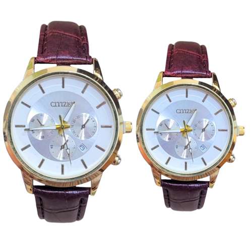 ست ساعت مچی عقربه ای زنانه و مردانه مدل C_Z تک موتوره بند چرم