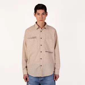 پیراهن آستین بلند مردانه ان سی نو مدل چهارخانه رونی رنگ کرم