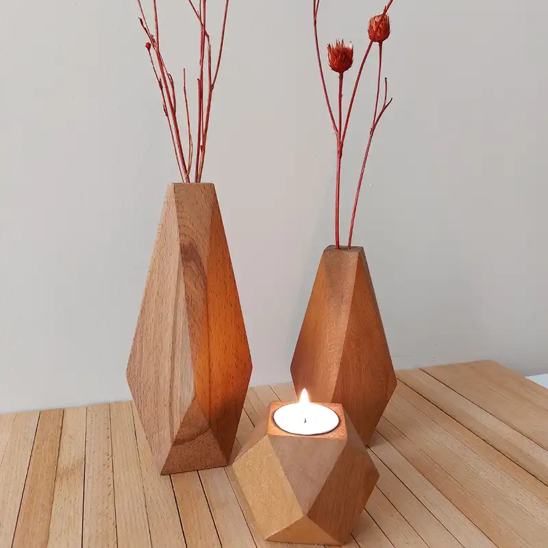 ست سه تکه گلدان و جاشمعی چوبی مدل چندوجهی کد SET100