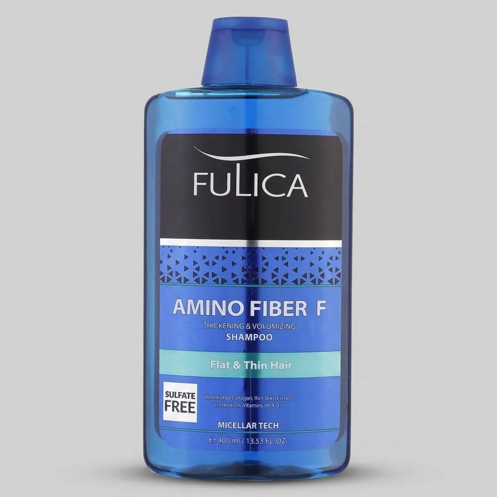 شامپو تقویت‌کننده مو فولیکا مخصوص موهای کم‌حجم و نازک، حجم 400 میلی‌لیتر مدل Amino Fiber، حاوی ویتامین‌های B7 و B6، بدون سولفات، برطرف‌کننده وز مو، آبرسان، محکم‌کننده، حاوی عصاره‌های سبوس برنج، رزماری
