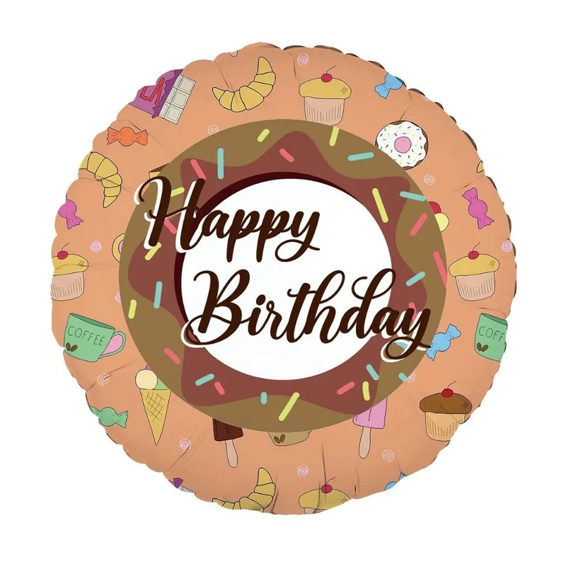 بادکنک فویلی مدل گرد هپی برث دی طرح دونات و شیرینی Happy Birthday کد KP-HBD-594