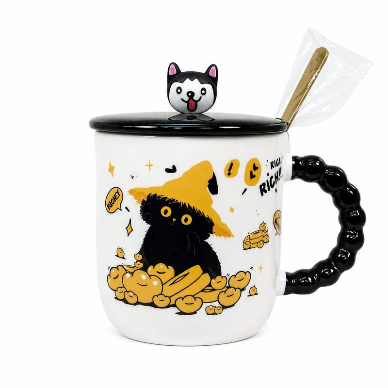 ماگ طرح گربه جادویی Rich Cat مدل سرامیکی درب دار به همراه قاشق