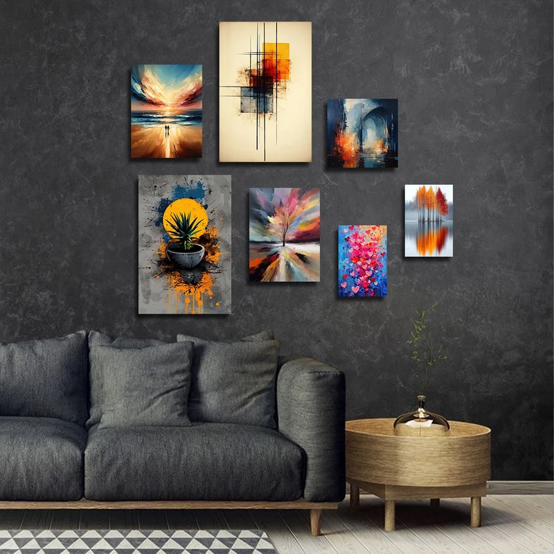 تابلو شاسی بکلیت طرح نقاشی ترکیبی آبستره و رنگ روغن طبیعت مدل SH-3102 مجموعه 7 عددی