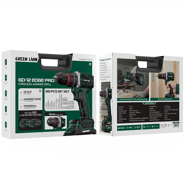 دریل چکشی شارژی ۱۰ میلی‌متری ۲۱ ولت گرین لاین مدل GD-12