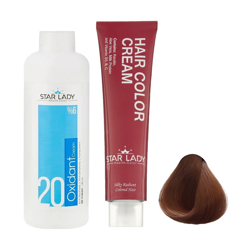 رنگ مو استارلیدی شماره 6.02 حجم 120 میلی لیتر رنگ بلوند کاراملی تیره به همراه اکسیدان استارلیدی مدل 20 شش درصدی حجم 180 میلی لیتر