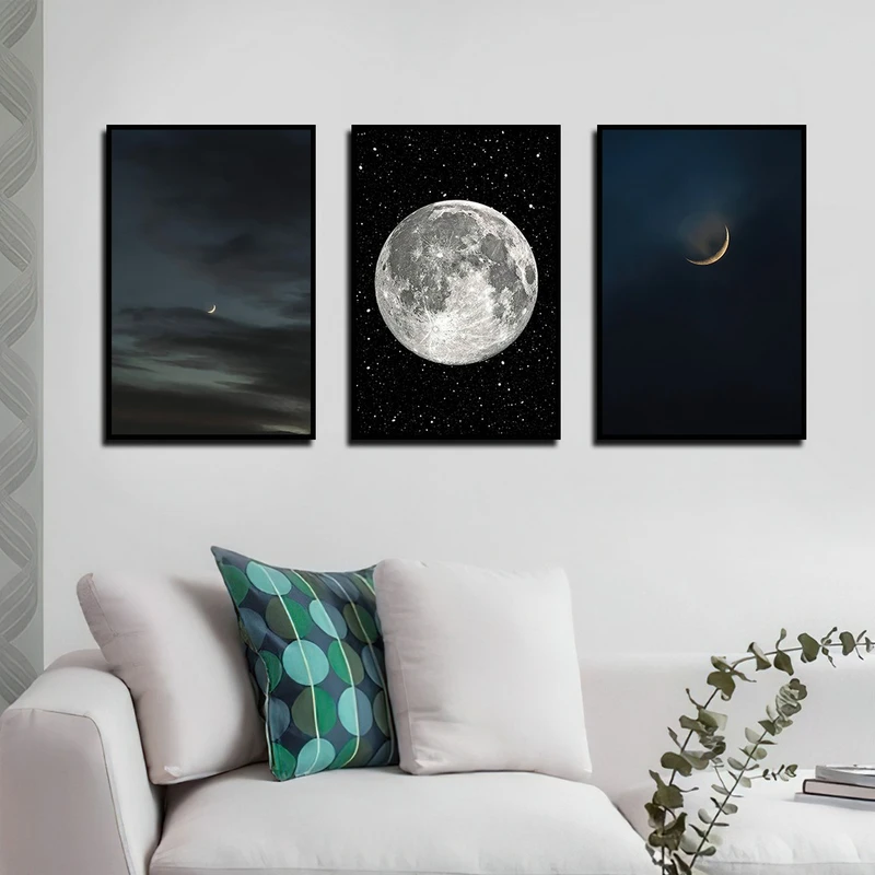 تابلو بکلیت طرح منظره دیدنی ماه مدل B-4180 رنگ فریم مشکی مجموعه 3 عددی