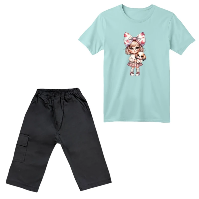 ست تی‌شرت آستین کوتاه و شلوارک دخترانه مدل دخترک و سگ کد 10