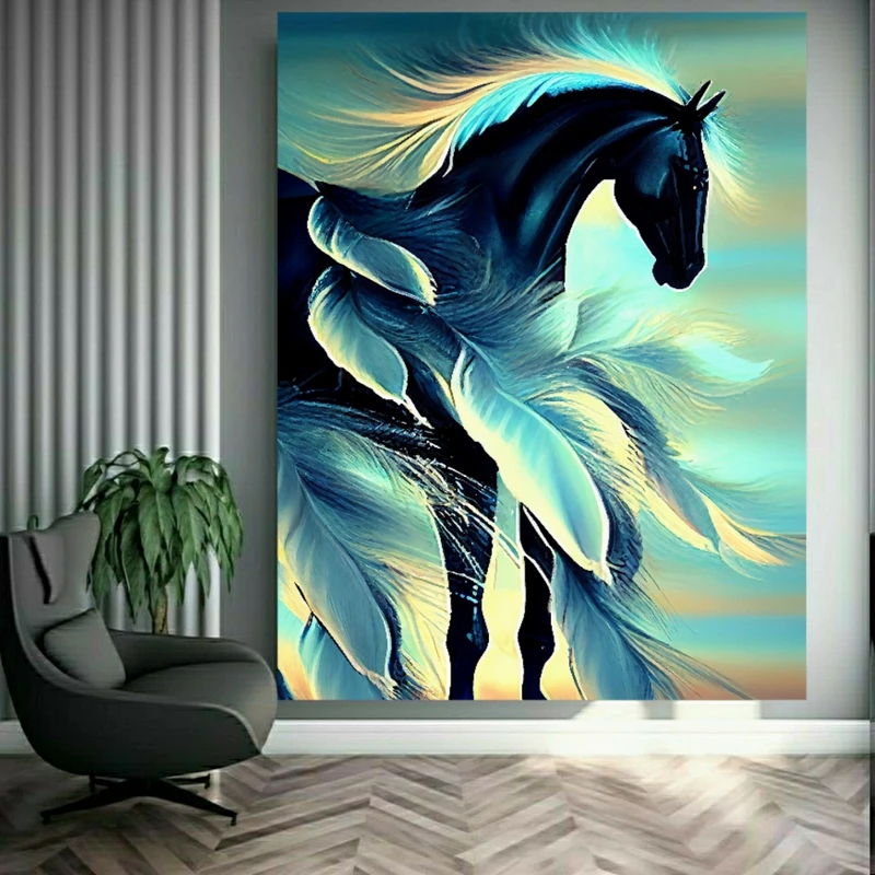 تابلو بوم طرح مخمل نقاشی اسب و پر کد BK2173