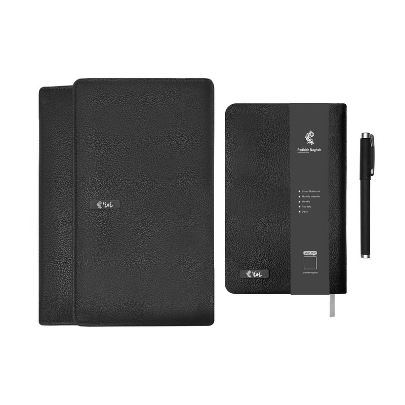 سالنامه 1404پدیده نقش مدل چرمی مشکی به همراه دفتر یادداشت و روان نویس