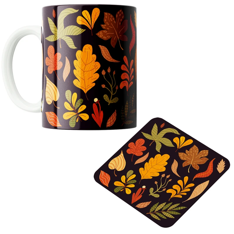 ماگ پاد آفرین مدل فصل پاییز برگ پاییزی خزان کد PZ538 به همراه زیرلیوانی