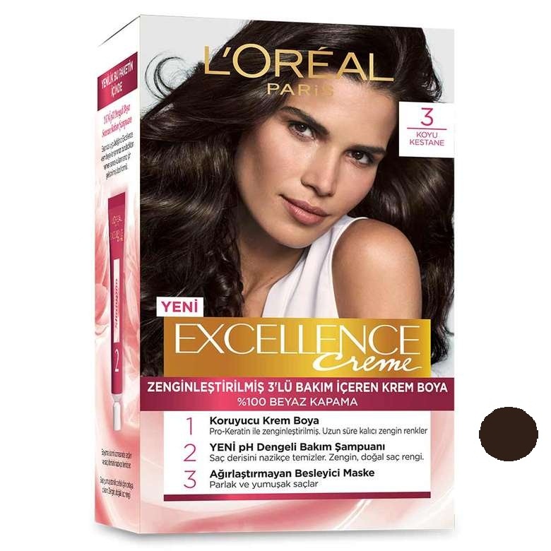 کیت رنگ مو لورآل مدل Excellence شماره 3 حجم 48 میلی لیتر رنگ قهوه ای تیره