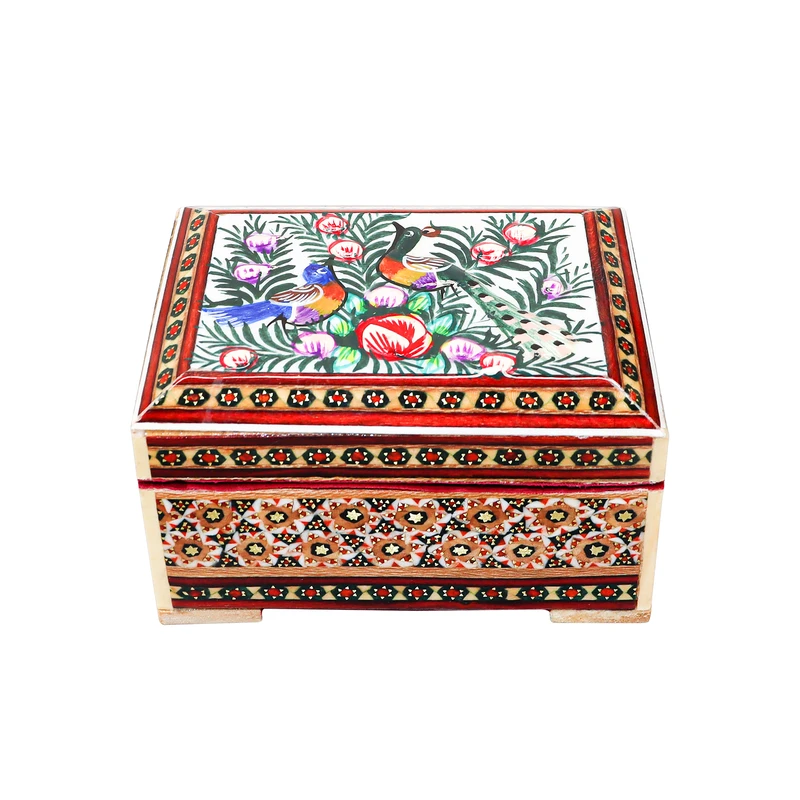 جعبه جواهرات خاتم کاری مدل مینیاتور برجسته طرح گل و مرغ کد MQ1186Gr