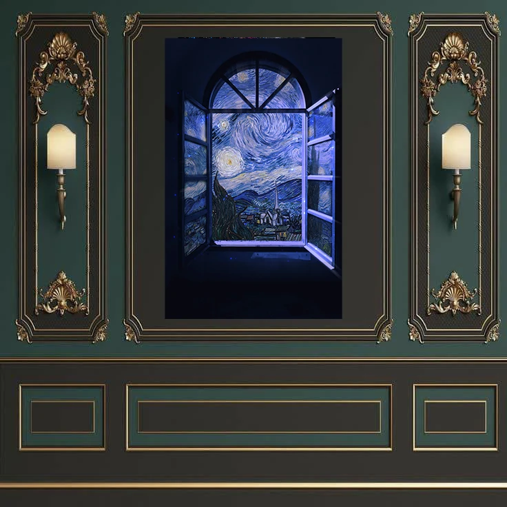 تابلو شاسی طرح مخمل نقاشی شب پر ستاره ونگوک مدل پنجره کد AR31093