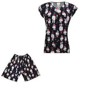 ست تی شرت و شلوارک زنانه مدل نخی خرگوش بازیگوش کد DKCOP 208 رنگ سرمه ای