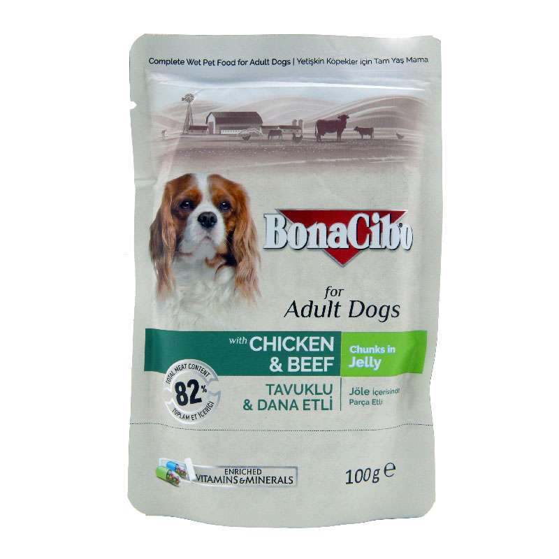  غذای پوچ سگ بالغ بوناسیبو مدل Chicken & Beef وزن 100 گرم مجموعه 12 عددی