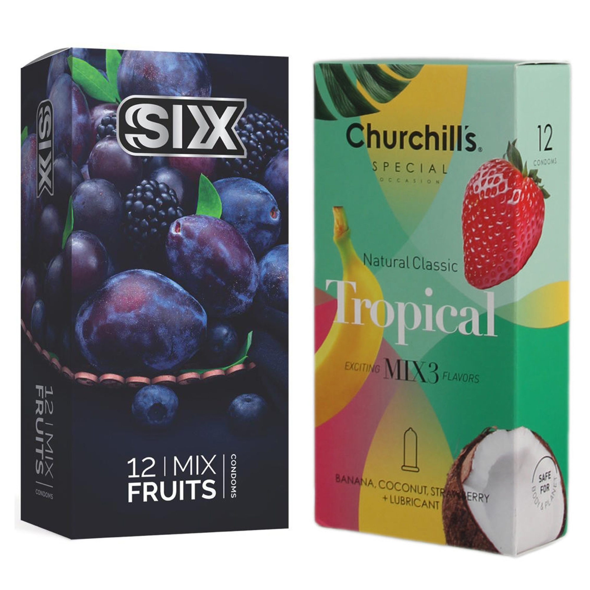 کاندوم چرچیلز مدل Tropical بسته 12 عددی به همراه کاندوم سیکس مدل میوه ای بسته 12 عددی 