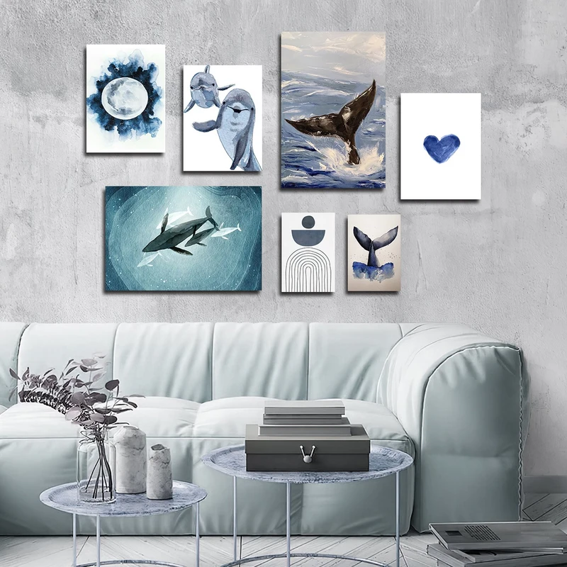 تابلو شاسی بکلیت طرح نقاشی مینیمال و دریا و دلفین مدل SH-3023 مجموعه 7 عددی