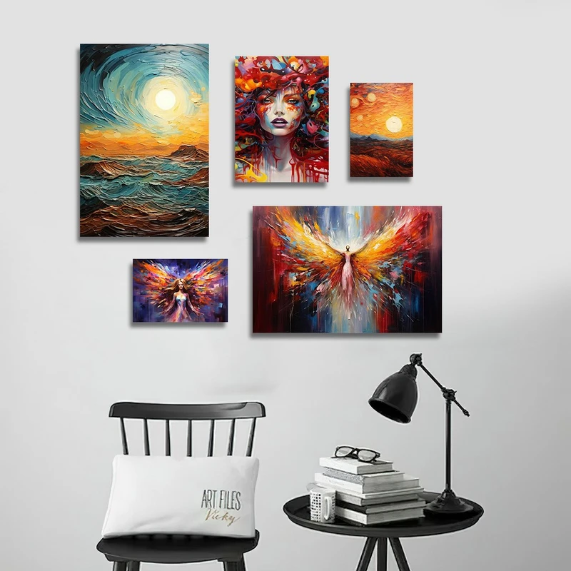 تابلو شاسی بکلیت طرح نقاشی رنگ روغن چهره و طبیعت مدل SH-1304 مجموعه 5 عددی