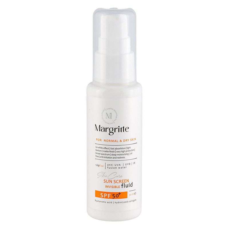 فلوئید ضد آفتاب بدون رنگ مارگریت SPF 50 مدل fusion Water محافظ UVA و UVB، ضد لک و روشن کننده، مناسب برای پوست های خشک و نرمال حجم 50 میلی لیتر