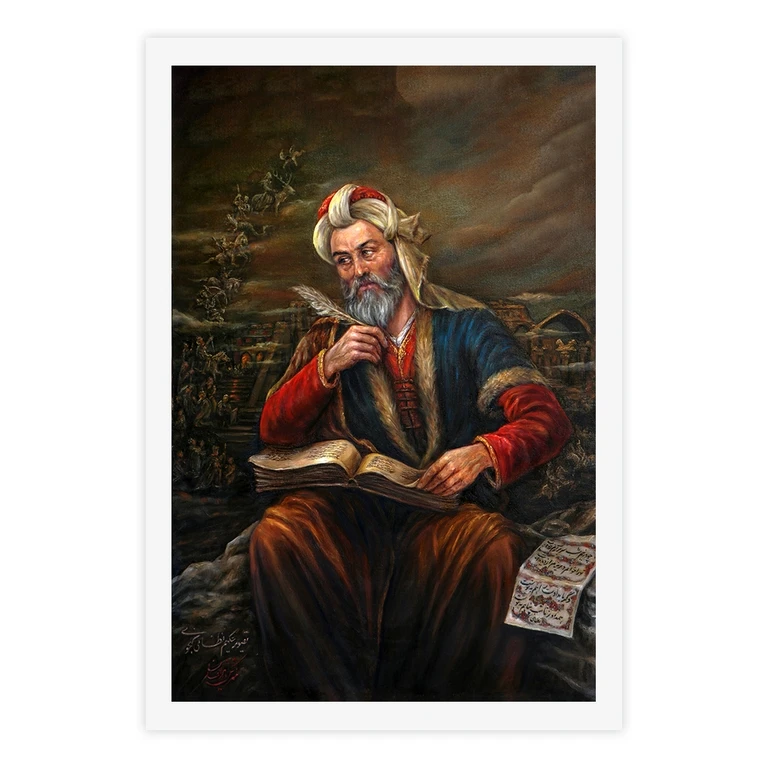 تابلو بکلیت طرح نقاشی رنگ روغن شاعر نظامی گنجوی مدل W-S10642 فریم سفید