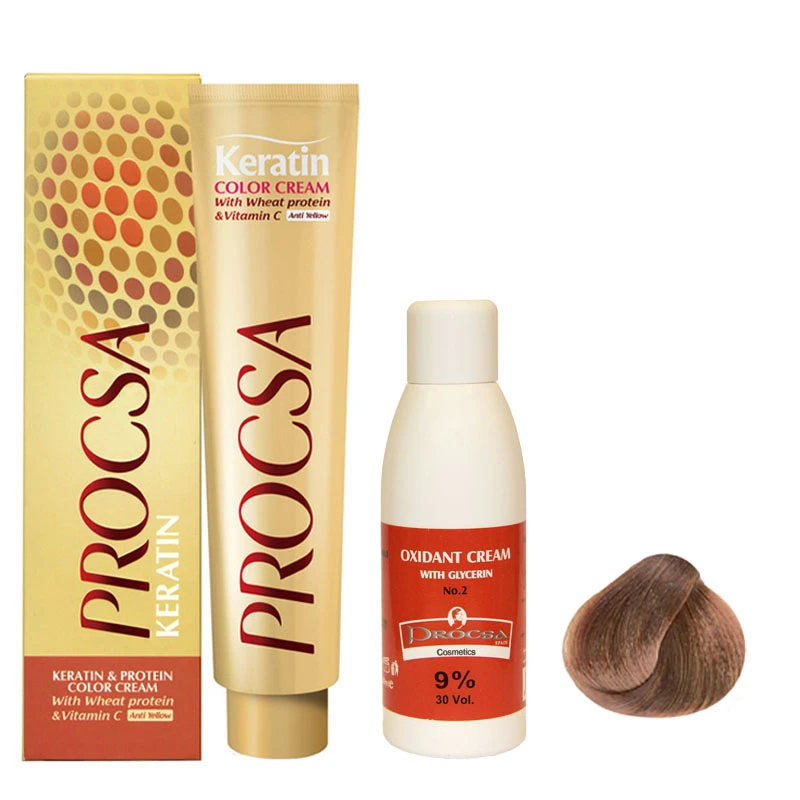 رنگ مو پروکسا سری Hazelnut شماره 8.35 حجم 100 میلی لیتر رنگ بلوند فندقی روشن به همراه اکسیدان پروکسا مدل گلیسیرینه 9 درصدی حجم 120 میلی لیتر