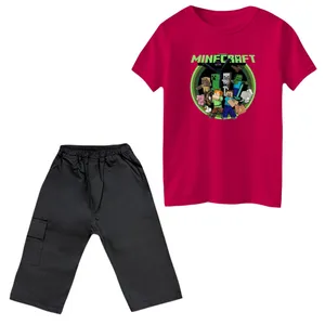 ست تی‌شرت و شلوارک پسرانه مدل ماینکرفت کد 6 رنگ سرخابی 