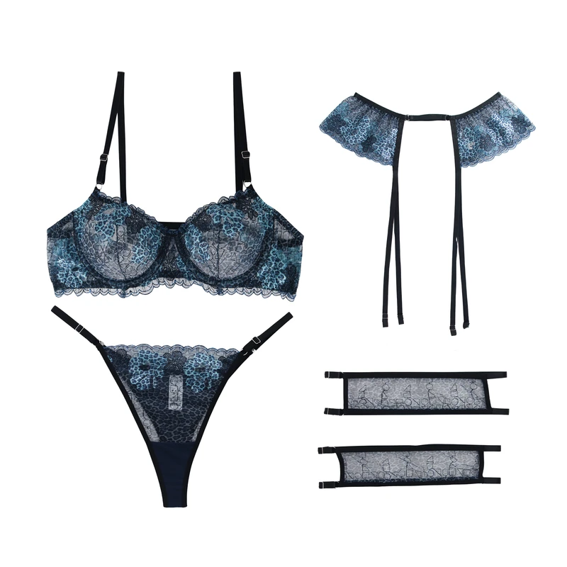 ست سوتین و شورت زنانه برتا مدل توری کد 4041BLL به همراه نگهدارنده جوراب