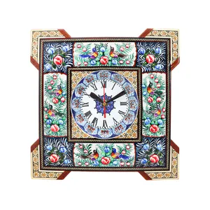ساعت دیواری خاتم کاری مدل مربع گوشه دار طرح گل و مرغ برجسته کد GrBl31d14-1f4