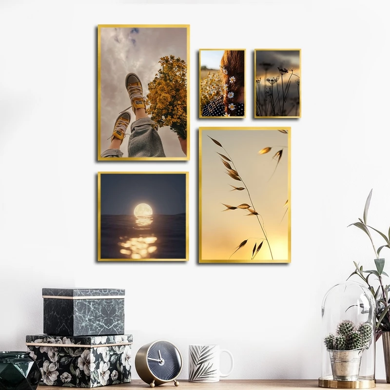 تابلو بکلیت طرح طبیعت پاییزی و غروب مدل شاین اکلیلی T-2418 مجموعه 5 عددی