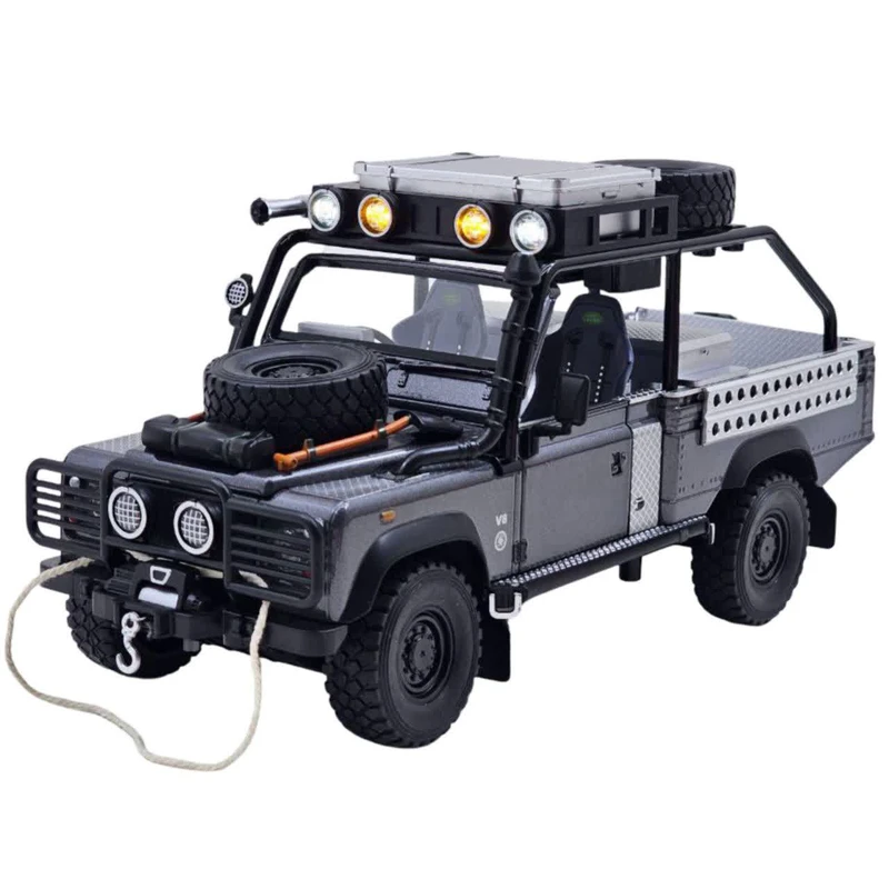 ماکت ماشین ناب سل مدل لندروور دیفندر آفرود فلزی چراغدار موزیکال به همراه وینچ و تجهیزات کامل کمپ Land Rover Defender metal with musical lights, winch and full camping equipment