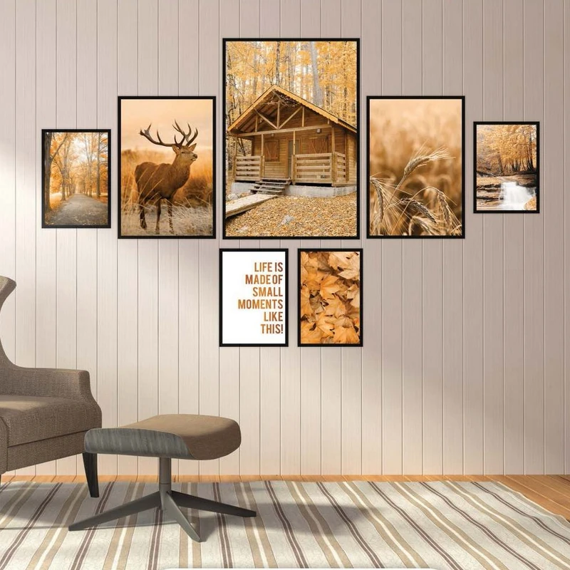 تابلو بکلیت طرح طبیعت پاییزی و گوزن مدل B-2215 مجموعه 7 عددی