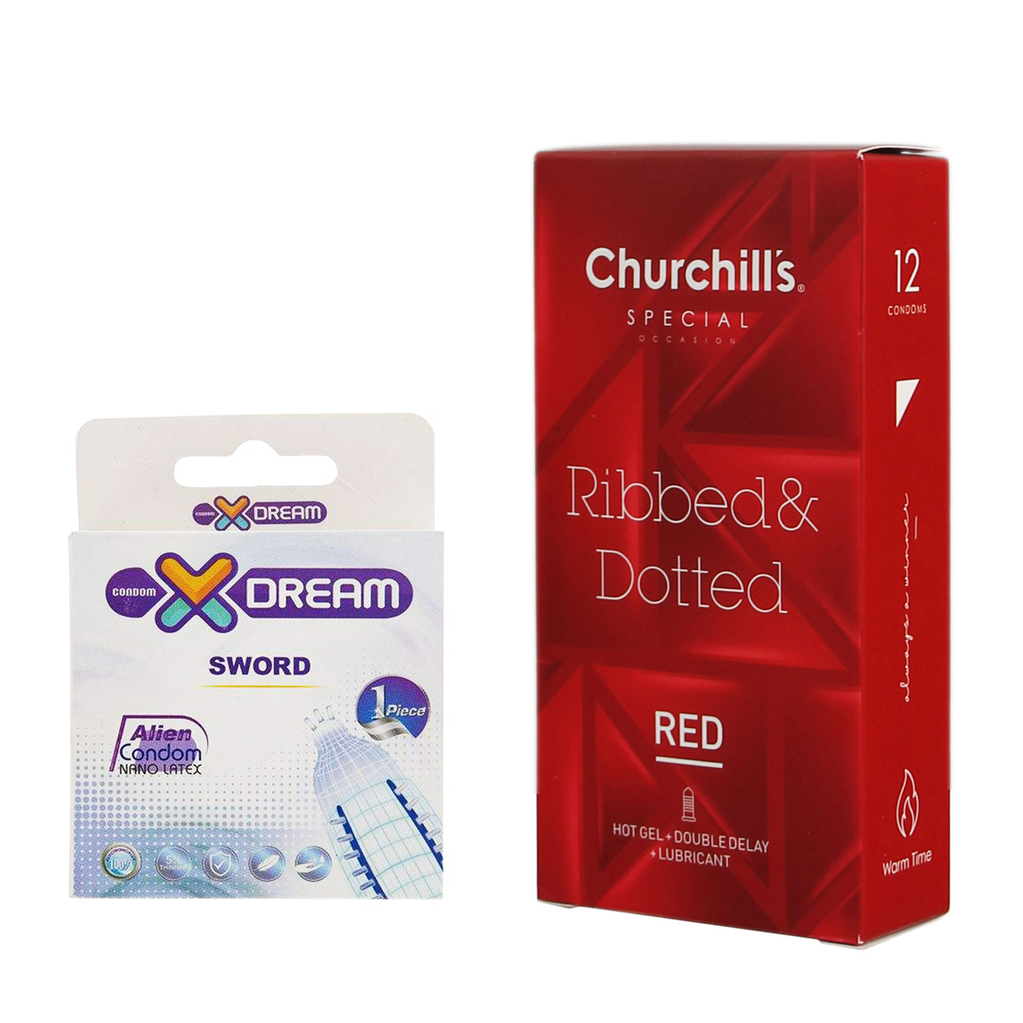 کاندوم چرچیلز مدل Hot Gel بسته 12 عددی به همراه کاندوم ایکس دریم مدل Sword