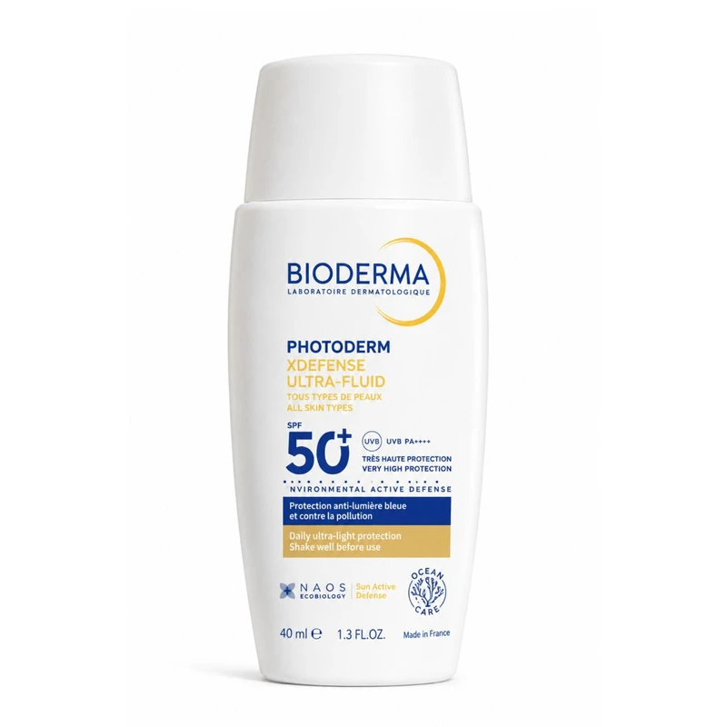 فلوئید ضد آفتاب بی‌رنگ دست، صورت بایودرما SPF 50 مدل Photoderm XDefense Ultra-Fluid ‌محافظ در برابر اشعه UVA و UVB مناسب برای انواع پوست حجم 40 میلی‌لیتر