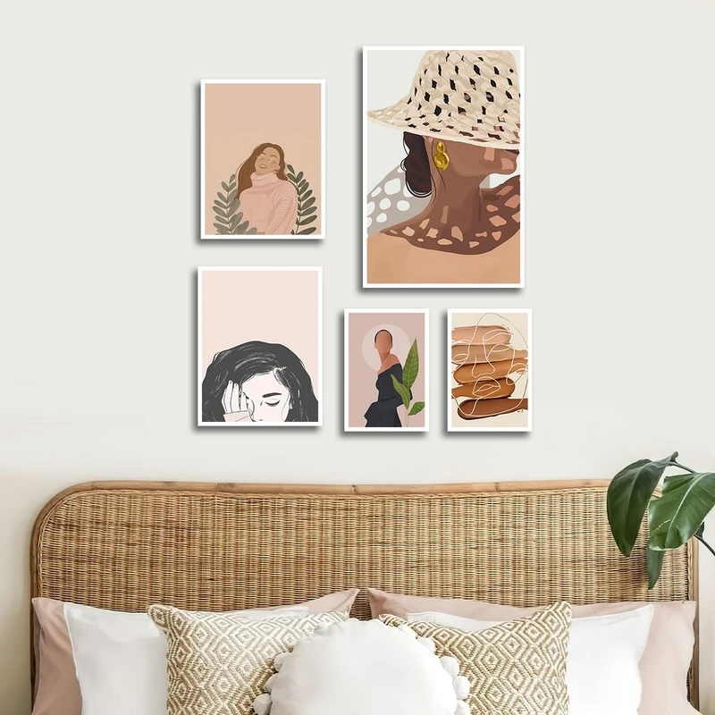 تابلو ساده بکلیت طرح نقاشی مینیمال و چهره مدل شاین اکلیلی W-2631 فریم سفید مجموعه 5 عددی