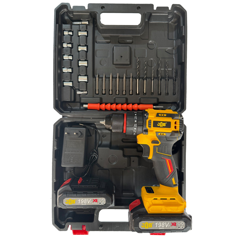مجموعه 45 عددی دریل پیچ گوشتی چکشی شارژی 10 میلی متری 198 ولت جاب مدل JB-198 Powerful Industrial