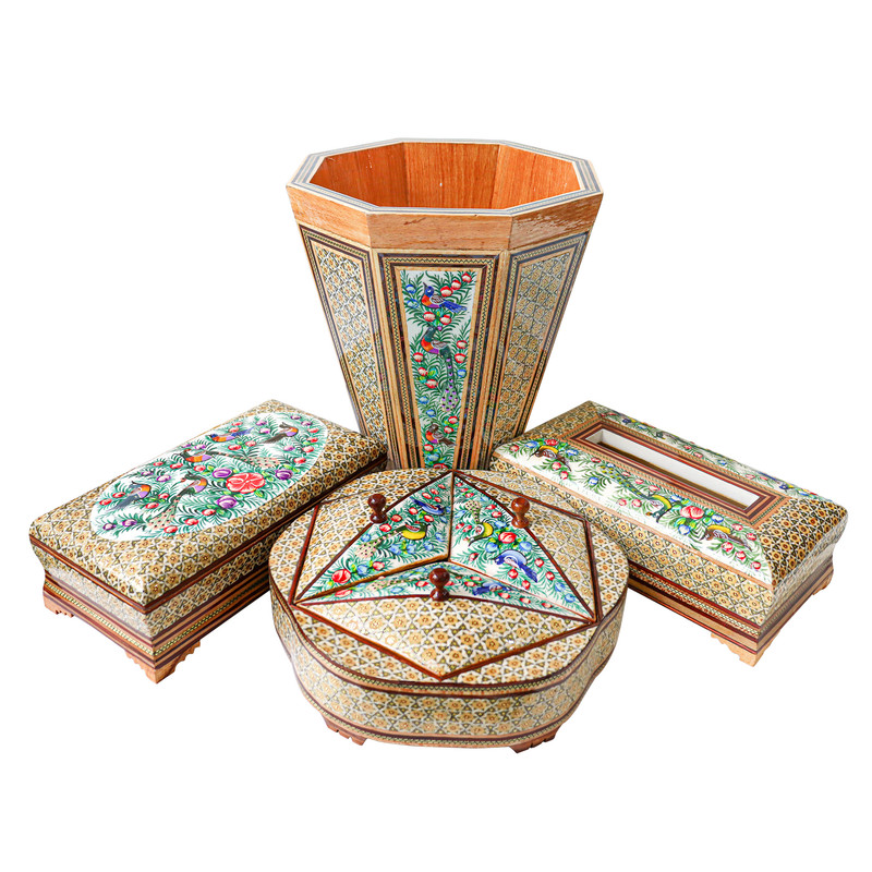 ست 4 تکه سطل و جعبه دستمال کاغذی و جعبه کارد و چنگال و شکلات خوری خاتم کاری صنایع دستی فاخر مدل نقاشی برجسته کد gr21sim