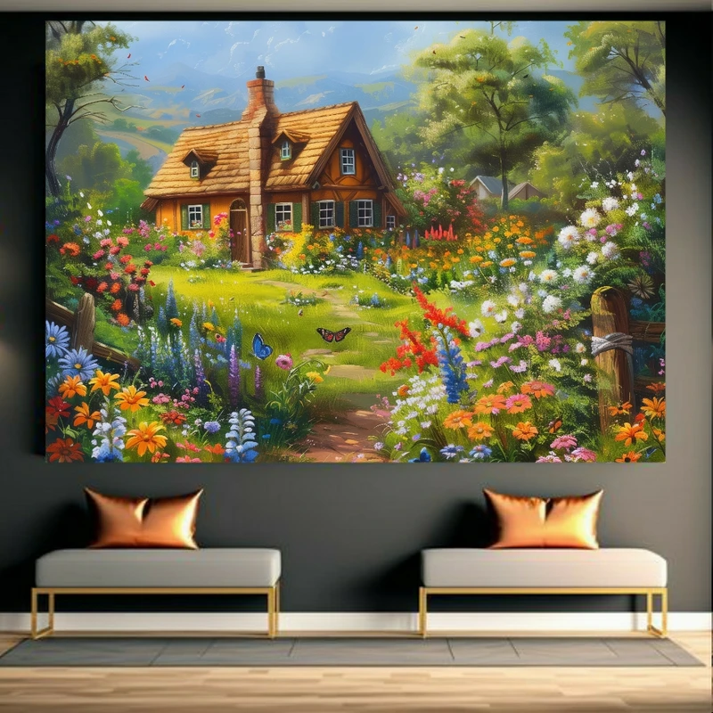 تابلو بوم طرح نقاشی خانه در میان دشت گل و پروانه کد FP104896