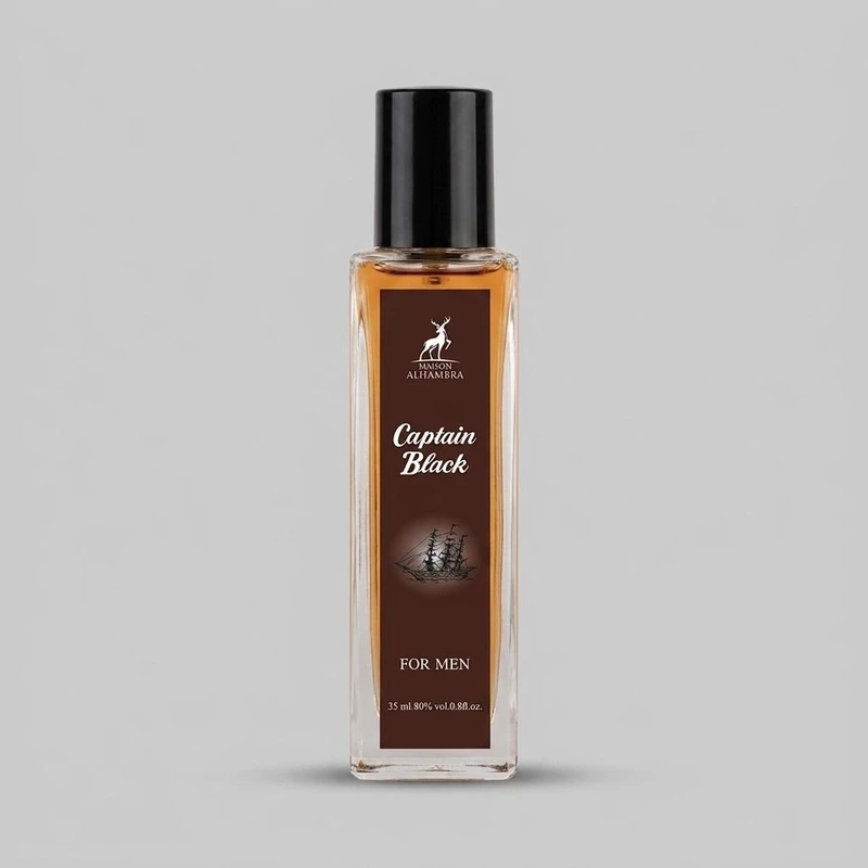عطر جیبی مردانه الحمبرا مدل Capitan Black با رایحه گرم، تند، تلخ، چوبی حجم ۳۵ میلی‌لیتر