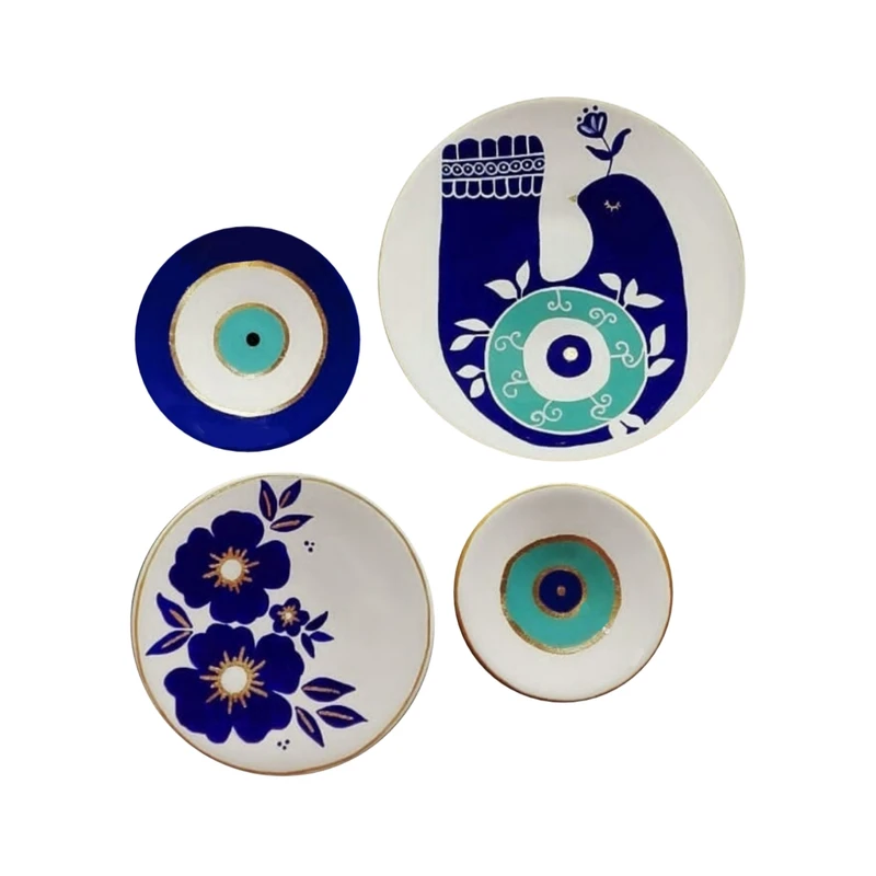 بشقاب دیوارکوب سفالی طرح چشم نظر کد 465 مجموعه 4 عددی