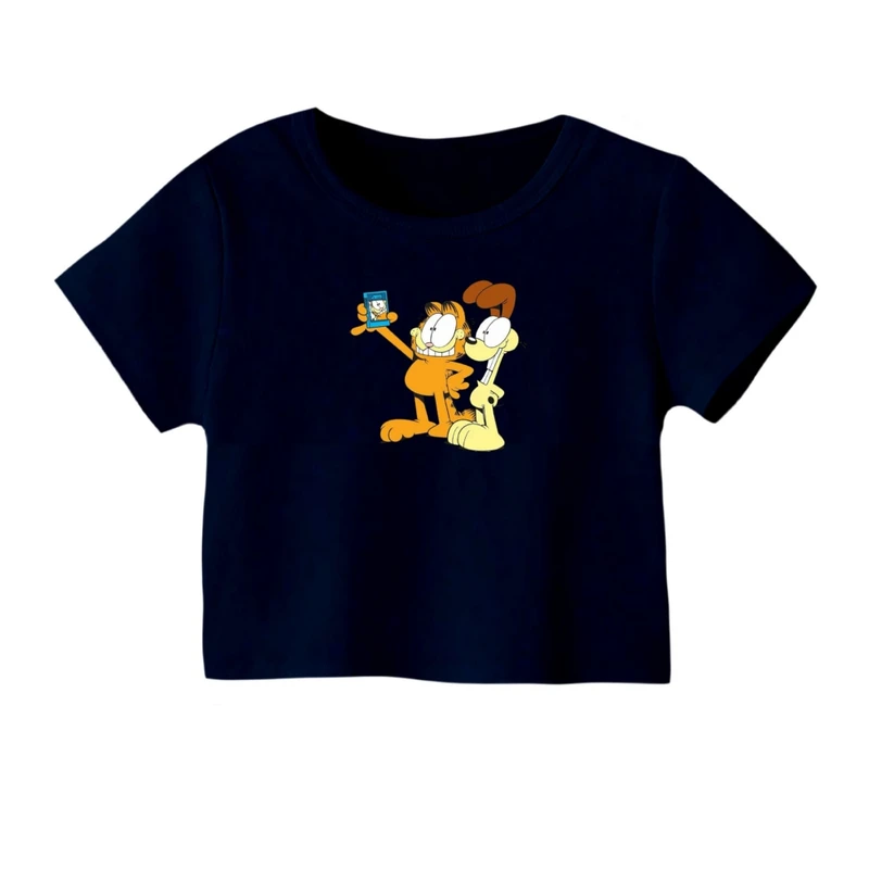 کراپ‌ تی‌شرت آستین کوتاه زنانه مدل گارفیلد کد 06 رنگ سرمه ای