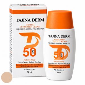 کرم ضد آفتاب رنگی صورت تاجینادرم SPF 50 مدل NATURAL BEIGE محافظ UVA/UVB مناسب برای انواع پوست حجم 50 میلی‌لیتر