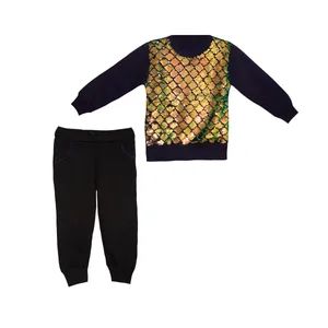 ست سویشرت و شلوار دخترانه مدل پولکی خشتی رنگ سرمه ای