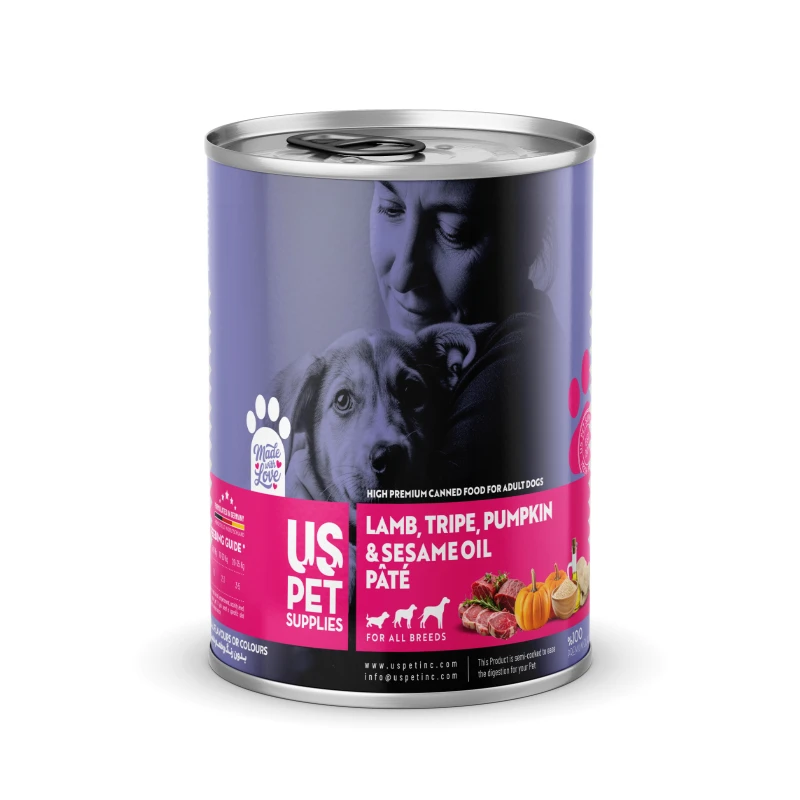 کنسرو غذای سگ یو اس پت مدل های پریمیوم طعم گوشت بره، سیرابی، کدوتنبل و روغن کنجد وزن 800 گرم