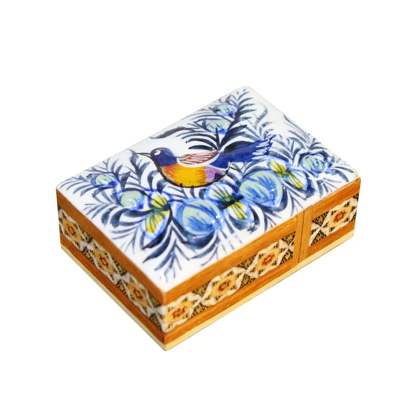 جا سکه ای خاتم کاری صنایع دستی فاخر مدل کشویی لبه گرد مینیاتور طرح گل و مرغ برجسته Bl7p5