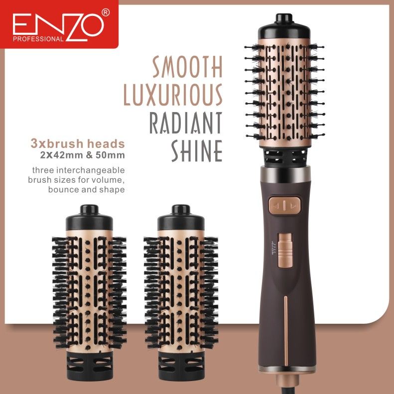 سشوار برس‌دار چرخشی حرفه‌ای انزو مدل EN-743، موتور DC با توان مصرفی 1500 وات، دارای قابلیت تعویض سری، باد سرد، با حالت صاف‌کننده و حجم‌دهنده، وزن 700 گرم، تنظیم حرارت 2 حالته و کنترل سرعت 2 حالته، به همراه 2 سری برس‌دار -  - 12