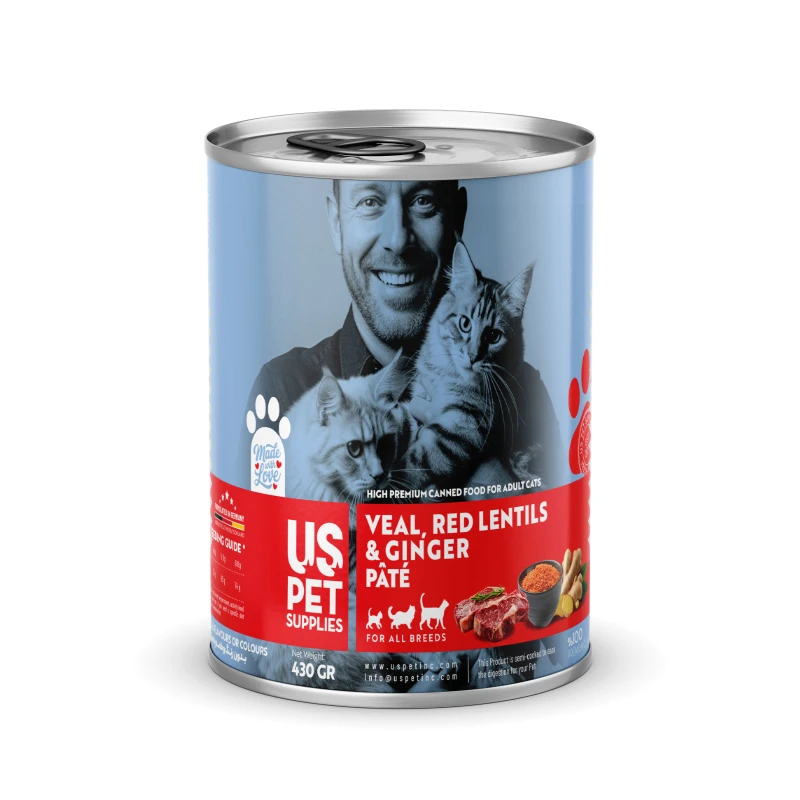 کنسرو غذای گربه بالغ یو اس پت مدل های پریمیوم طعم گوشت گوساله، عدس قرمز و زنجبیل وزن 800 گرم