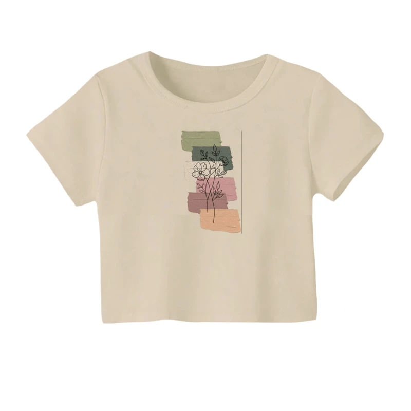 کراپ‌ تی‌شرت آستین کوتاه زنانه مدل گل مینیمال