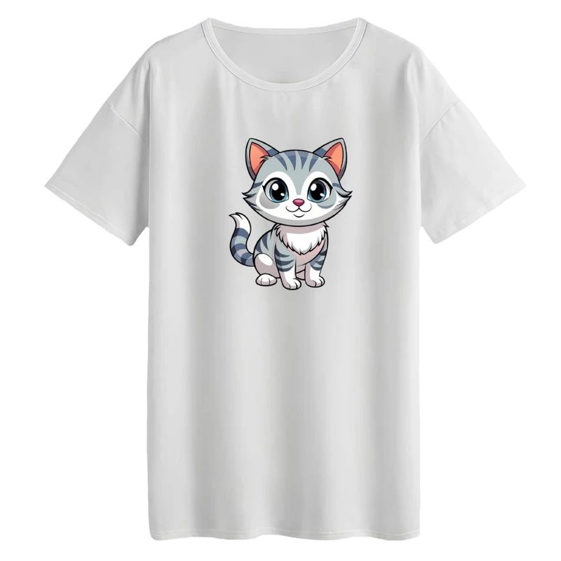 تی‌شرت لانگ آستین کوتاه زنانه مدل گربه کد 01 رنگ سفید